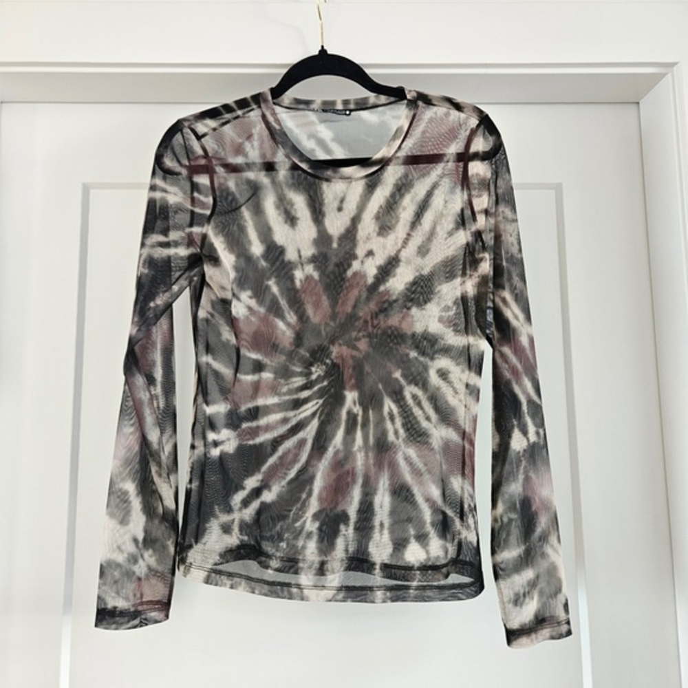 Zara Sheer Tie-Dye Long Sleeve Top — Black, Cream & Brown